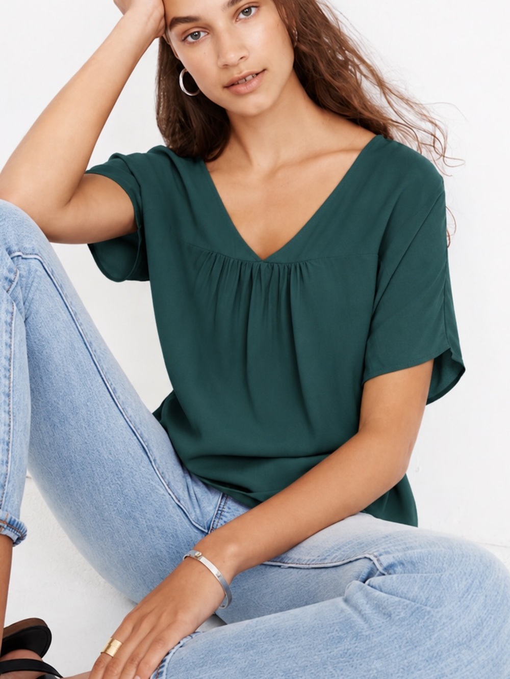 Madewell Rhyme Relaxed Green V-Neck Short Sleeve Blouse Top J8521 Size Medium